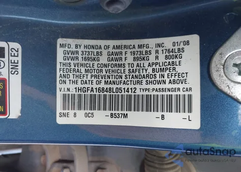 2008 Honda Civic Ex from USA, damaged, VIN 1HGFA16848L051412